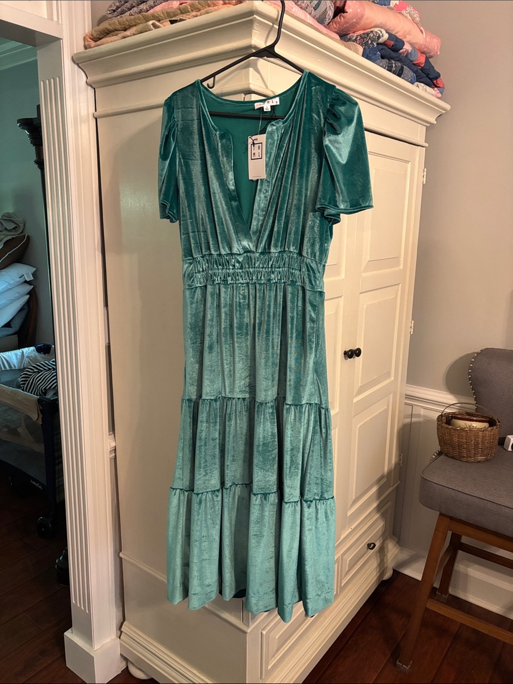 THML Teal Velvet Tiered Midi Dress